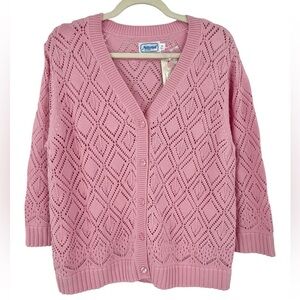 NWT National Classic Pink Diamond-Point Knit Cardigan Pearlescent buttons